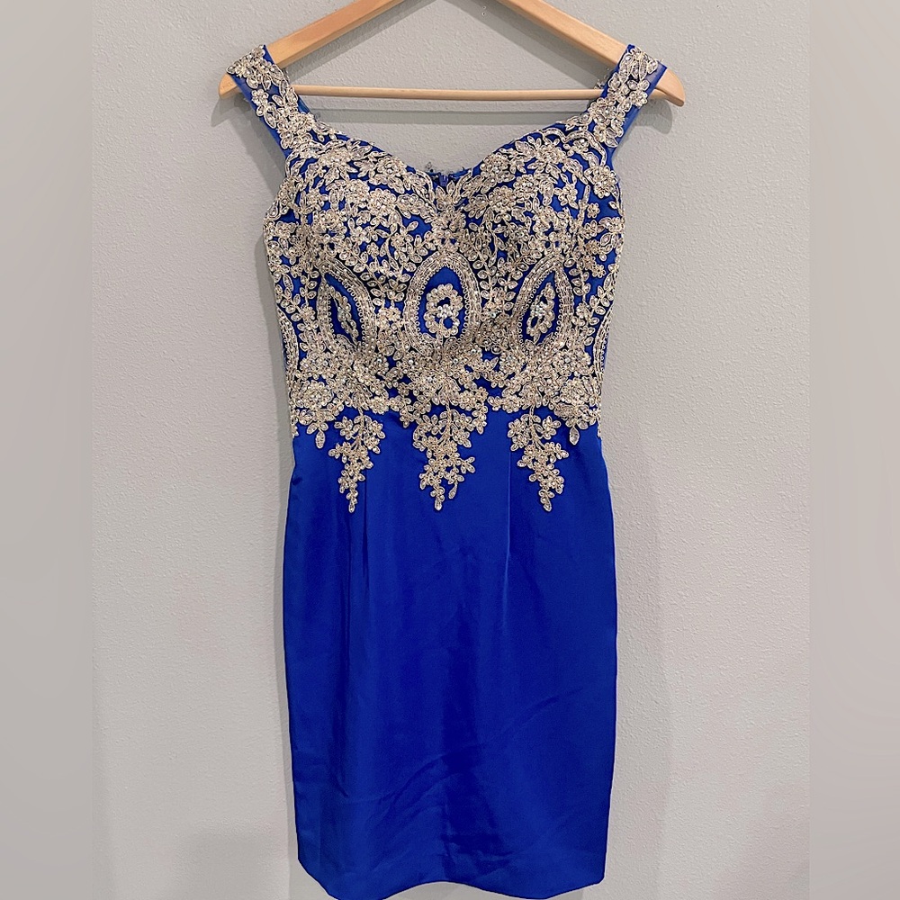 Midnight Blue Beaded/Embroidered Couture Mini Formal Dress (4)